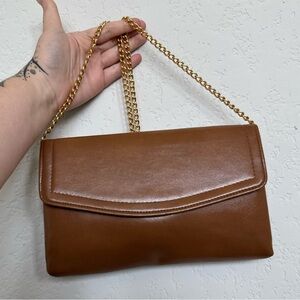 Brown Leather Clutch with Gold Chain - Great Condition!